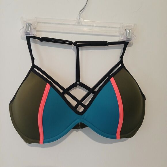 Victorias Secret Bikini Top Size Medium D/DD Green Blue Pink Colorblock Beach - Picture 1 of 5